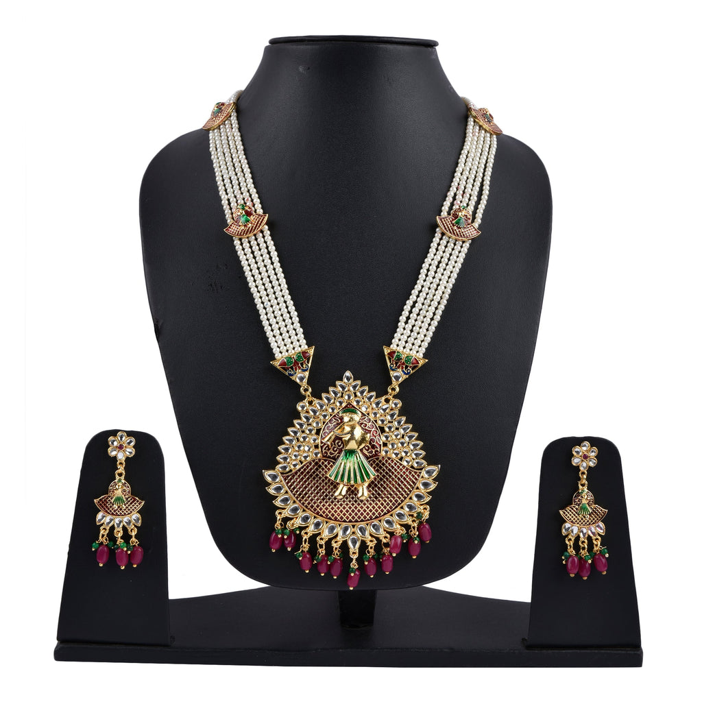 Gold-Polished Alloy Long Pearl Rani Haar With Designer Pendant - The Pari | Grocsy