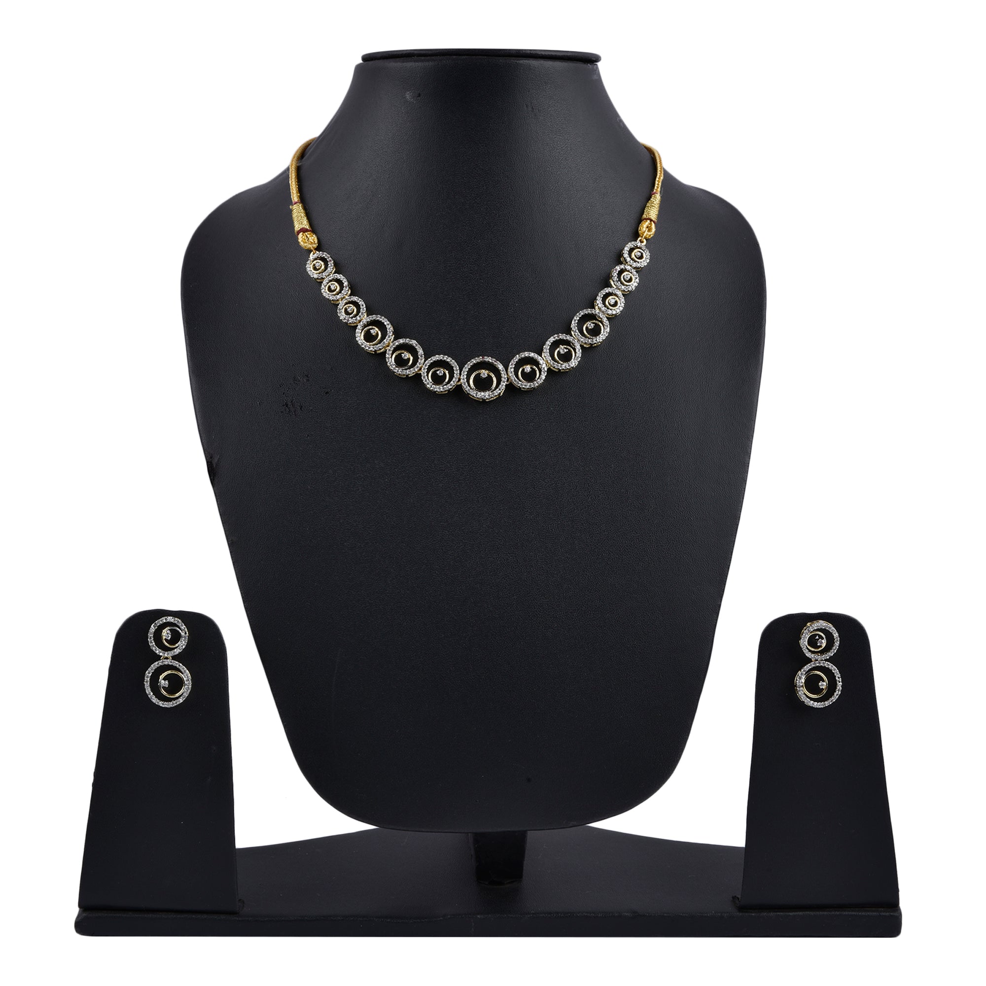 Rhodium-Plated Alloy American Diamond Circle Style Necklace With Earring Ring And Bracelet Set - The Pari