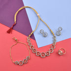 Rhodium-Plated Alloy American Diamond Circle Style Necklace With Earring Ring And Bracelet Set - The Pari