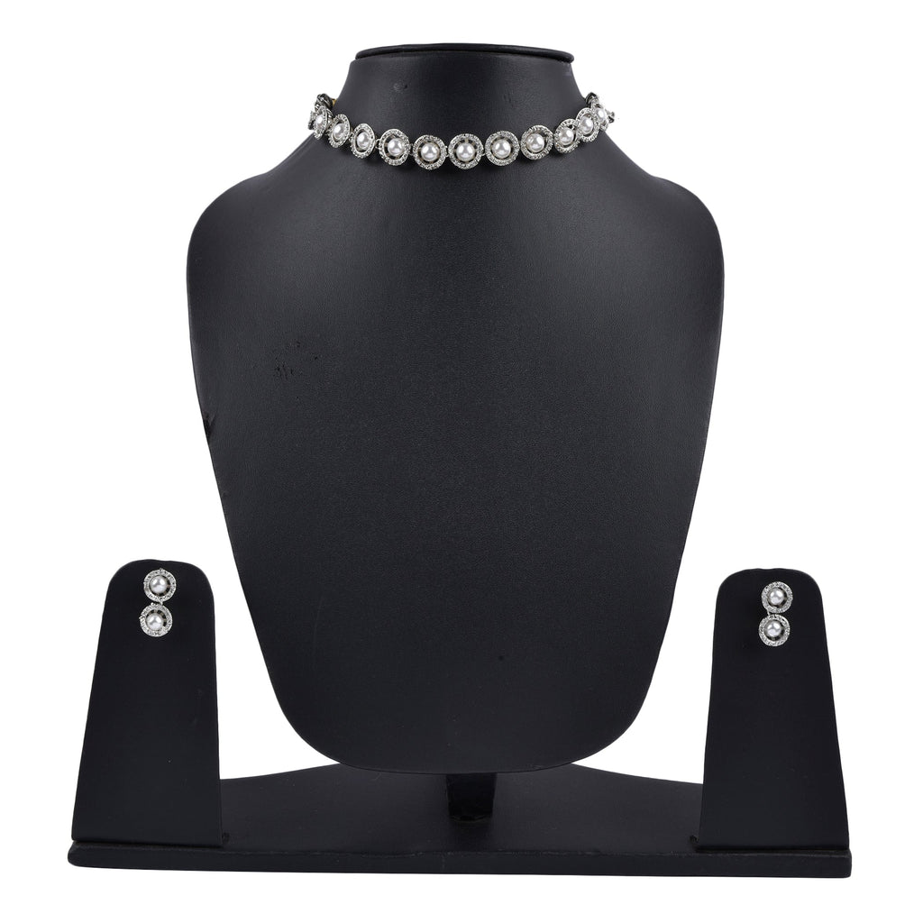 Rhodium-Plated Alloy Silver Ad Necklace With Pearls - The Pari | Grocsy