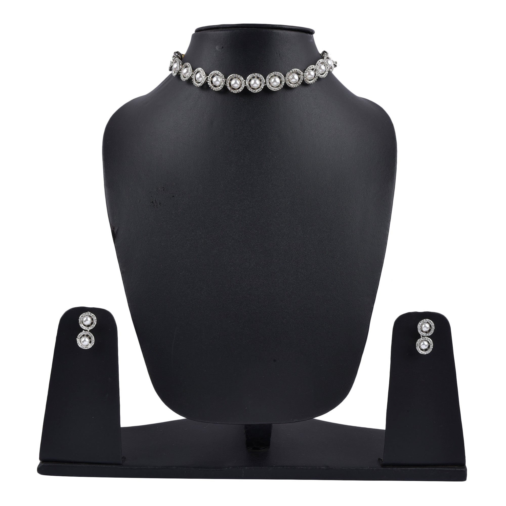 Rhodium-Plated Alloy Silver Ad Necklace With Pearls - The Pari | Grocsy