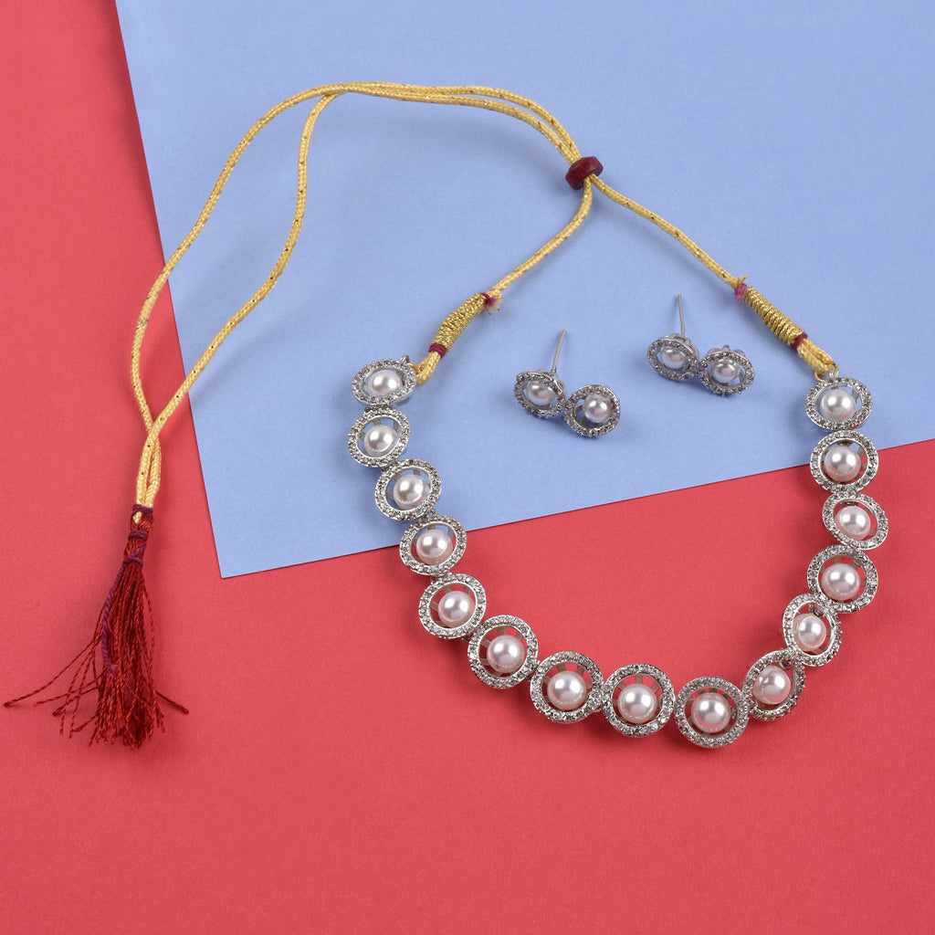 Rhodium-Plated Alloy Silver Ad Necklace With Pearls - The Pari | Grocsy