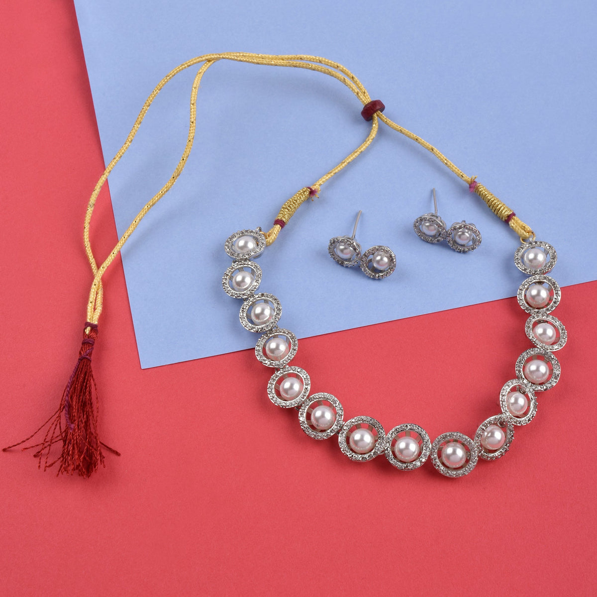 Rhodium-Plated Alloy Silver Ad Necklace With Pearls - The Pari | Grocsy