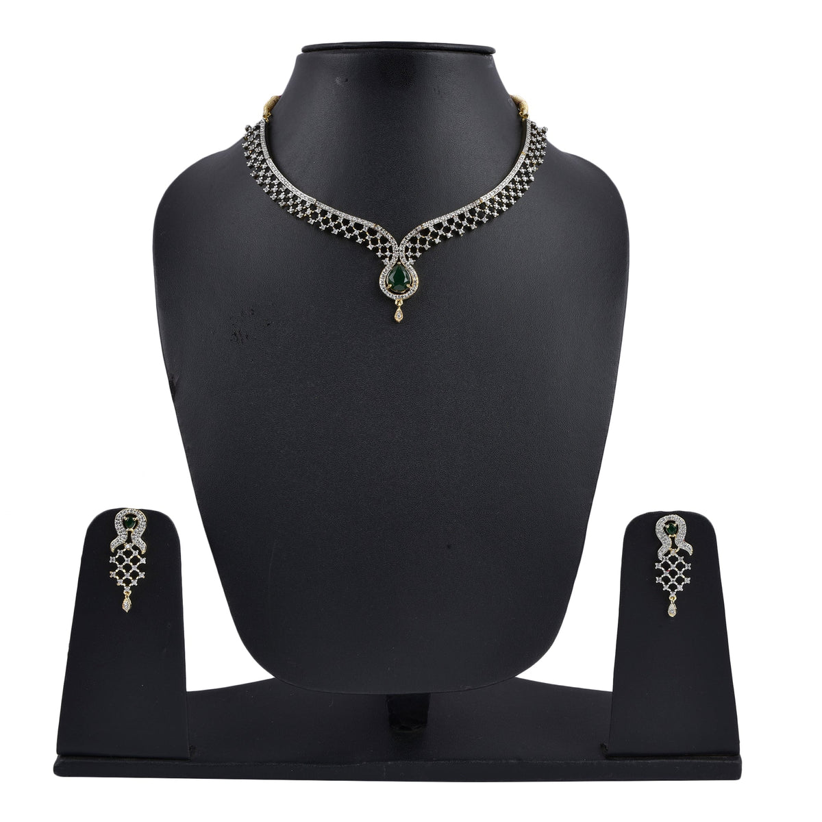 Rhodium-Plated Alloy Green Classy Ad Necklace Set - The Pari