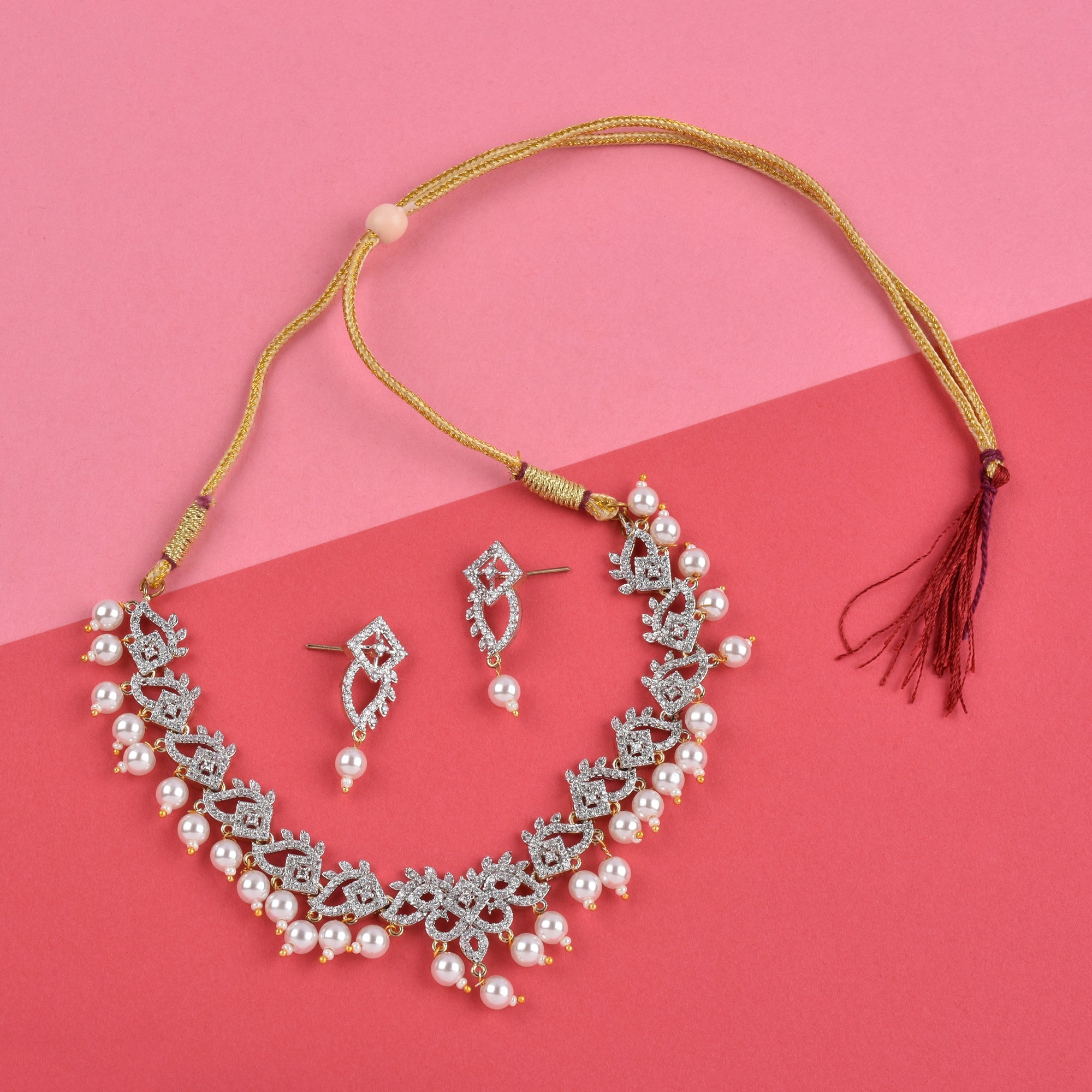 Rhodium-Plated Alloy Pearl Hanging Designer Choker Necklace - The Pari | Grocsy