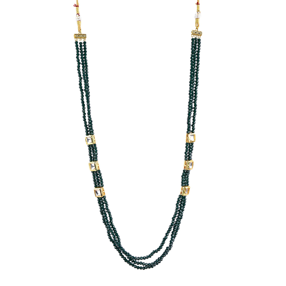Gold-Polished Alloy Long Green Beaded Kundan Studded Classy Necklace Set - The Pari