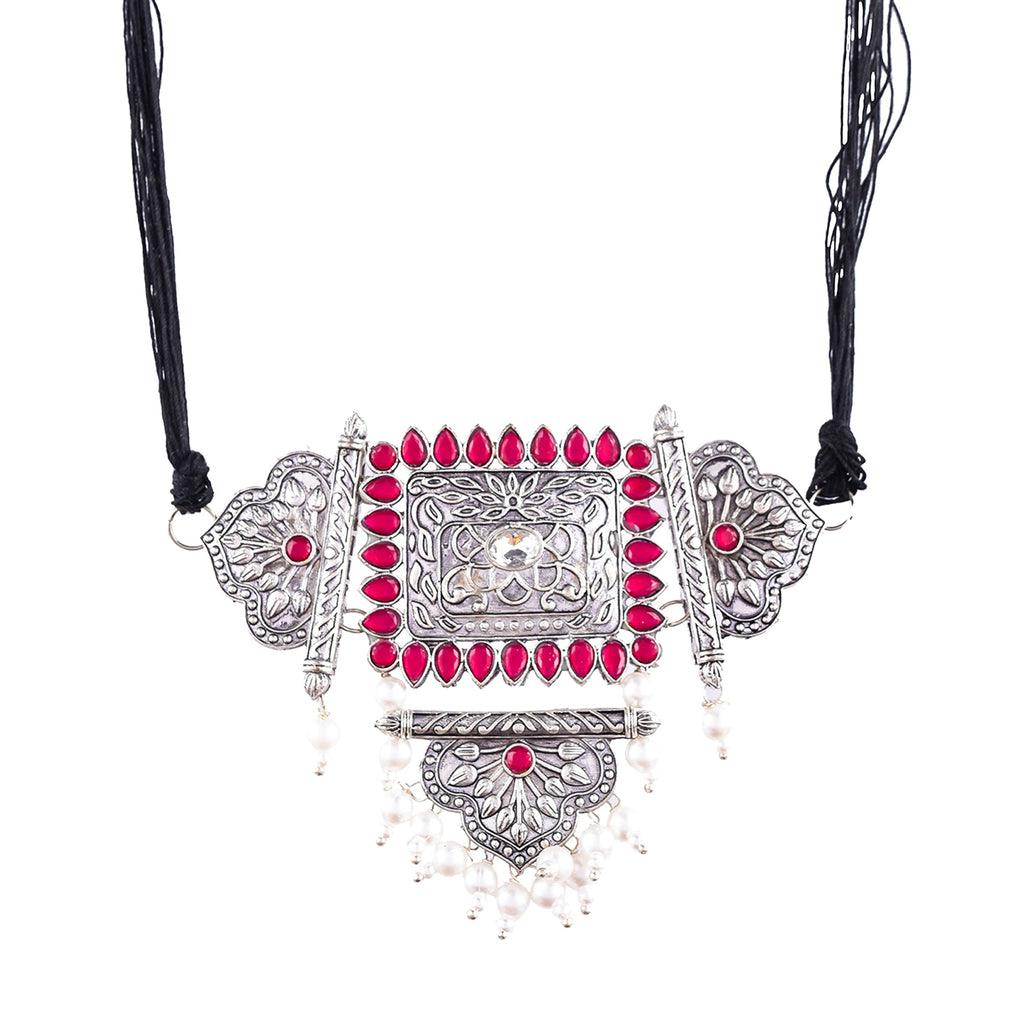 Silver-Plated Alloy Oxidised Tribal Pendant Choker Necklace - The Pari | Grocsy