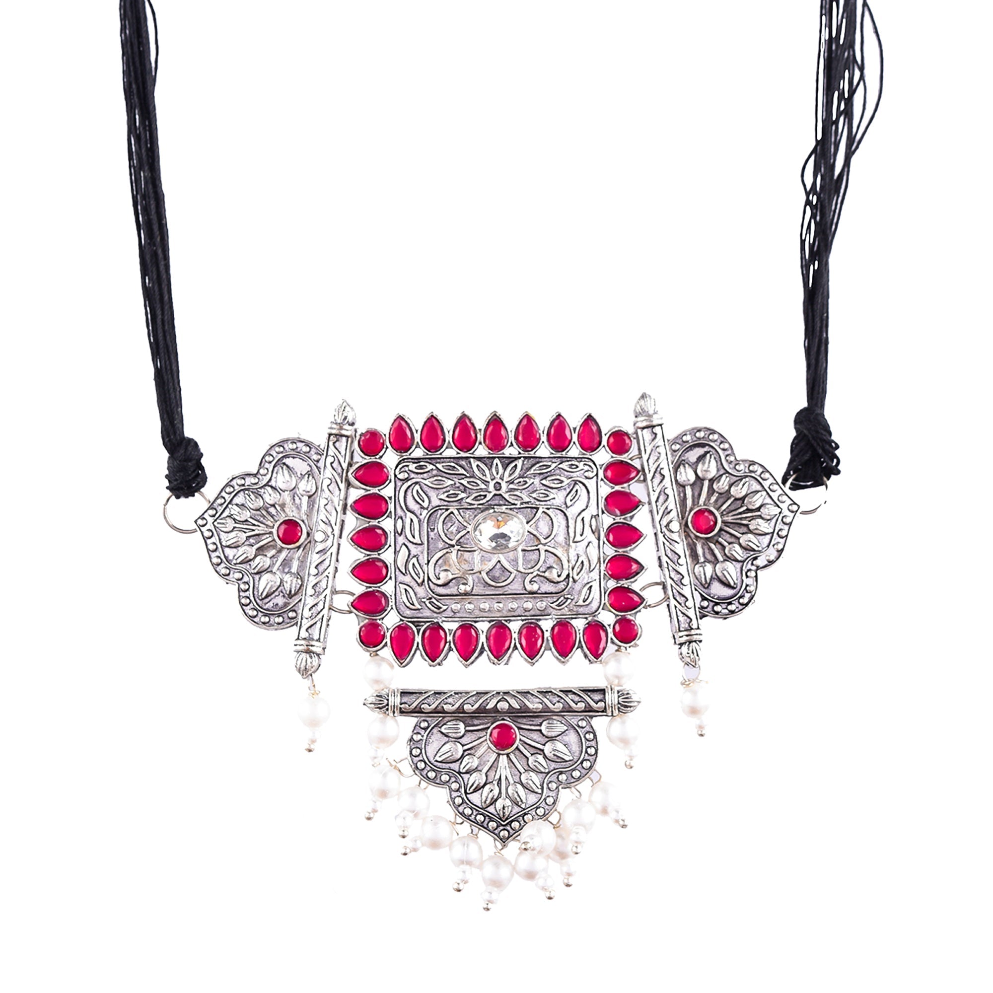 Silver-Plated Alloy Oxidised Tribal Pendant Choker Necklace - The Pari | Grocsy