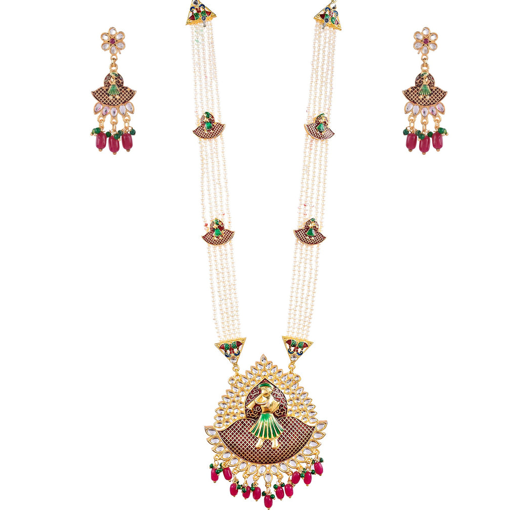 Gold-Polished Alloy Long Pearl Rani Haar With Designer Pendant - The Pari | Grocsy