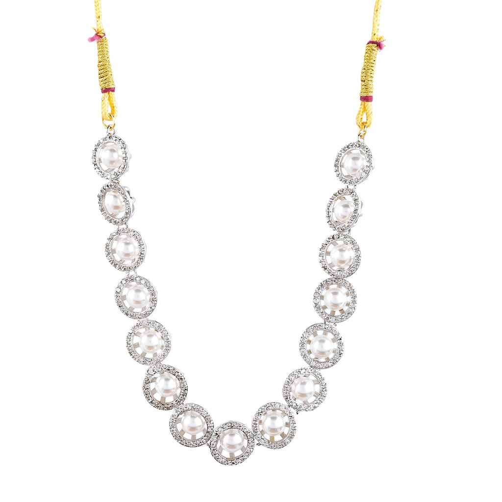 Rhodium-Plated Alloy Silver Ad Necklace With Pearls - The Pari | Grocsy