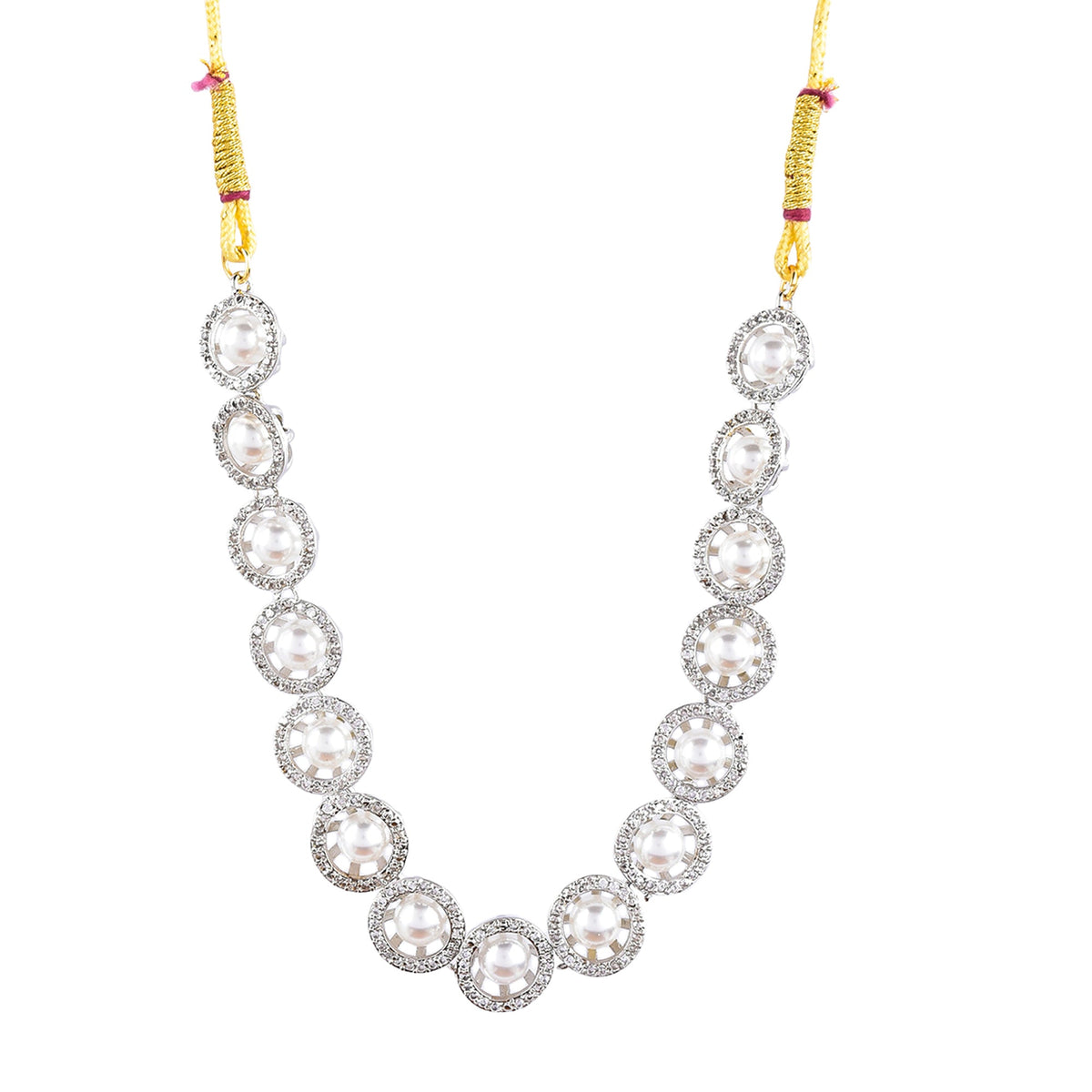 Rhodium-Plated Alloy Silver Ad Necklace With Pearls - The Pari | Grocsy