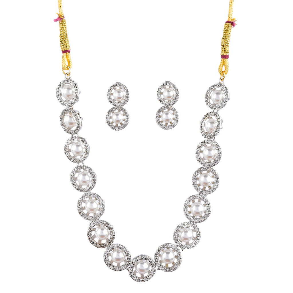 Rhodium-Plated Alloy Silver Ad Necklace With Pearls - The Pari | Grocsy