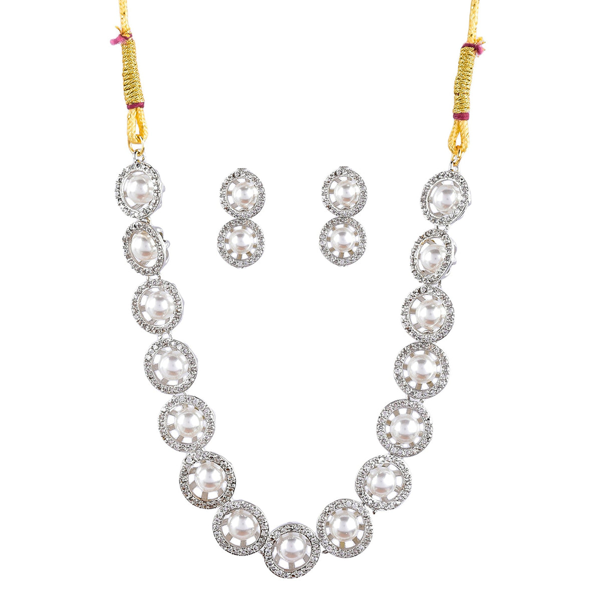 Rhodium-Plated Alloy Silver Ad Necklace With Pearls - The Pari | Grocsy