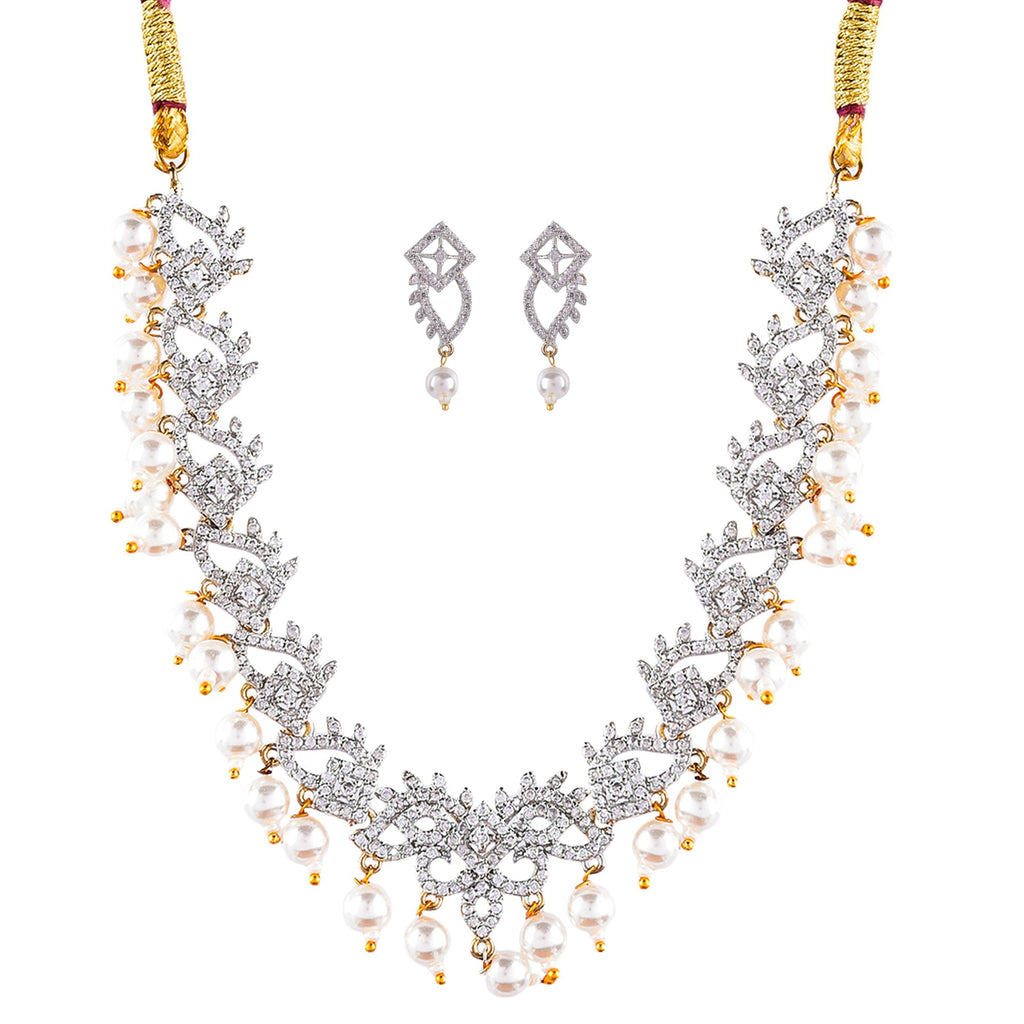 Rhodium-Plated Alloy Pearl Hanging Designer Choker Necklace - The Pari | Grocsy