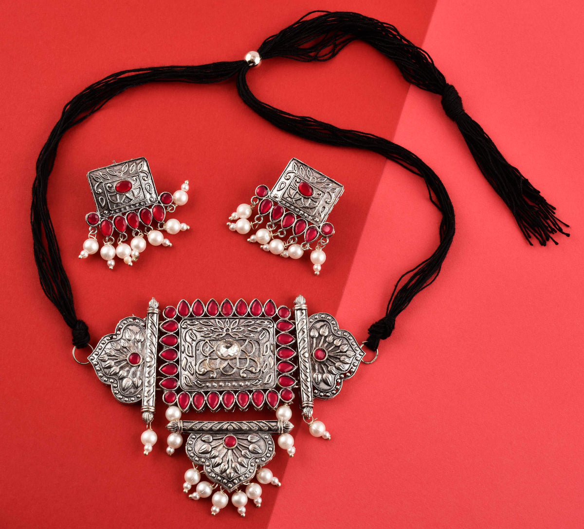 Silver-Plated Alloy Oxidised Tribal Pendant Choker Necklace - The Pari | Grocsy