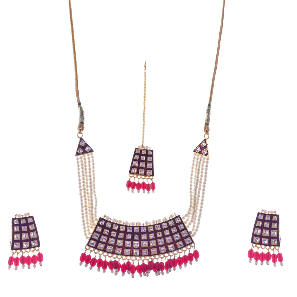 Gold-Polished Alloy Pearl Studded Kundan Choker Necklace Set With Maangtika - The Pari | Grocsy