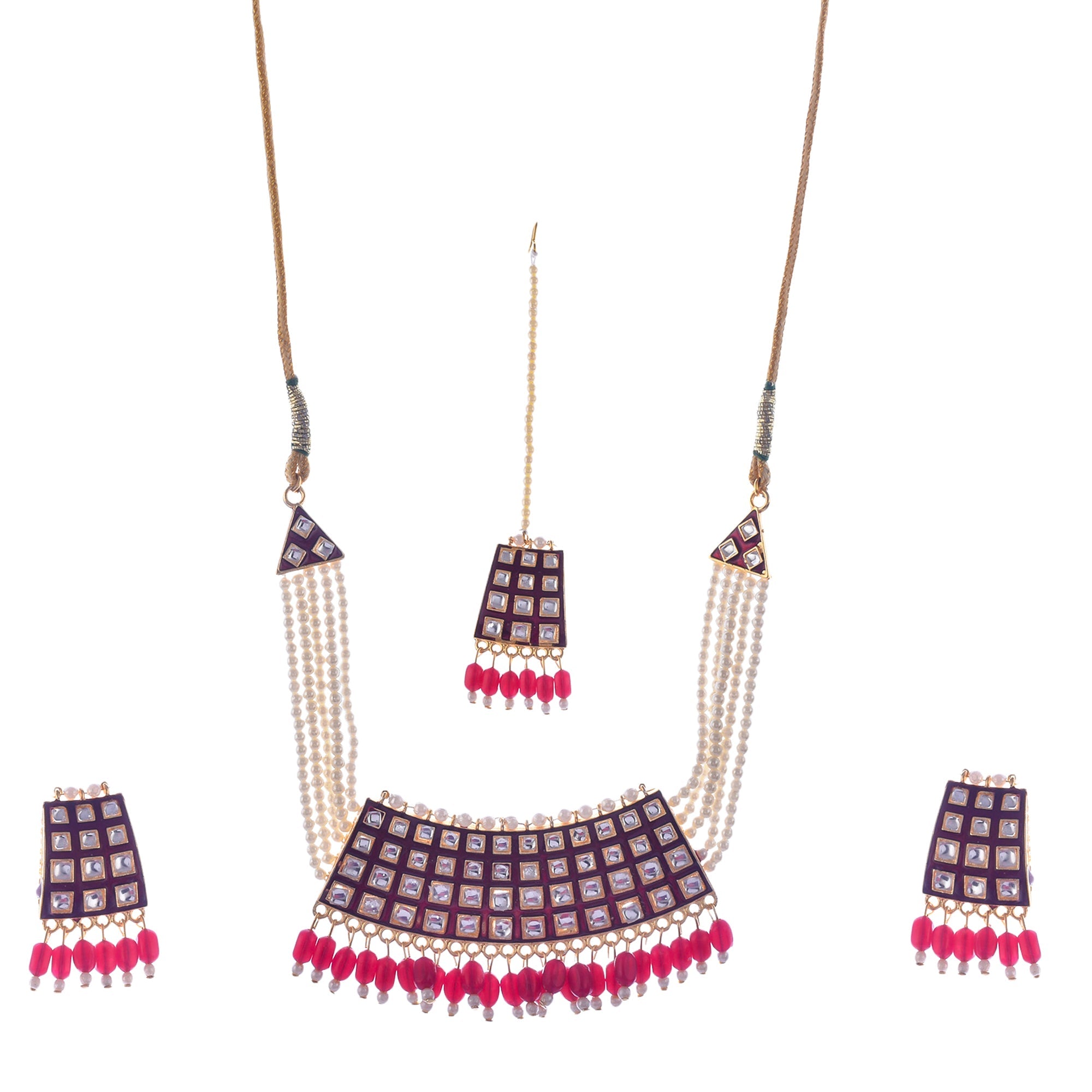 Gold-Polished Alloy Pearl Studded Kundan Choker Necklace Set With Maangtika - The Pari | Grocsy