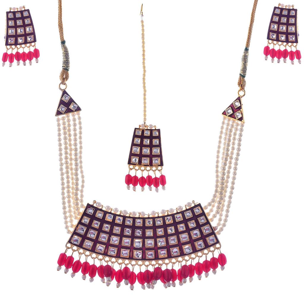 Gold-Polished Alloy Pearl Studded Kundan Choker Necklace Set With Maangtika - The Pari | Grocsy
