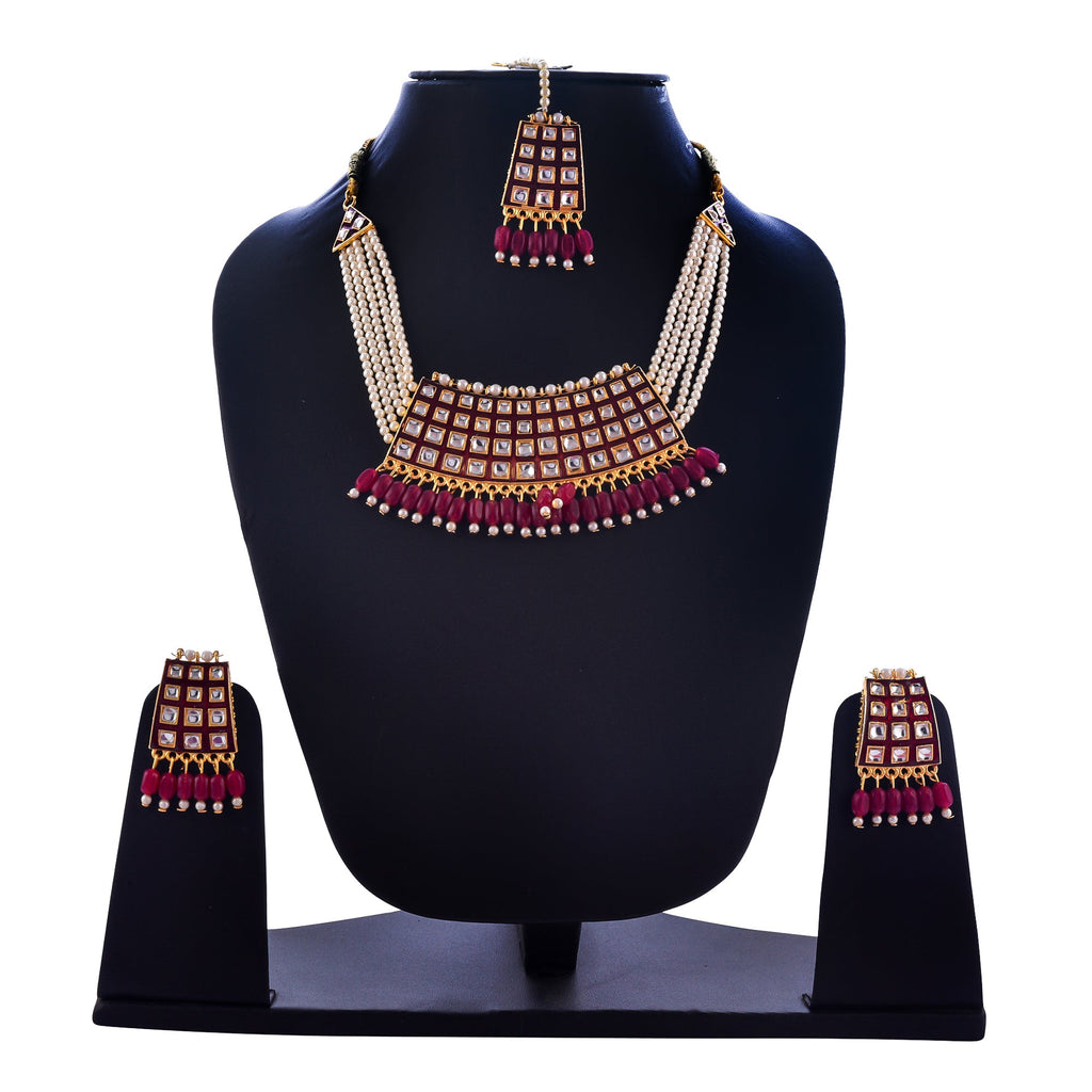 Gold-Polished Alloy Pearl Studded Kundan Choker Necklace Set With Maangtika - The Pari | Grocsy