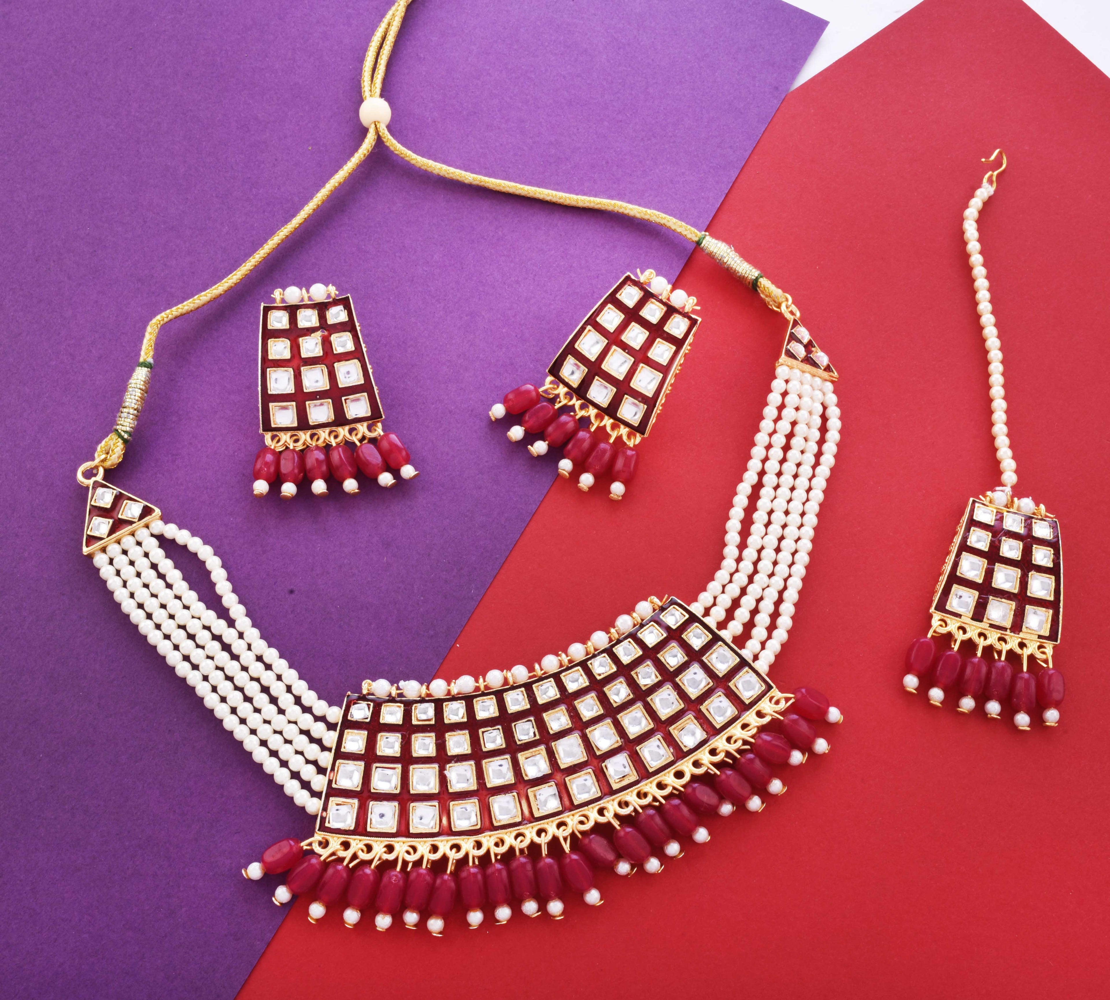 Gold-Polished Alloy Pearl Studded Kundan Choker Necklace Set With Maangtika - The Pari | Grocsy