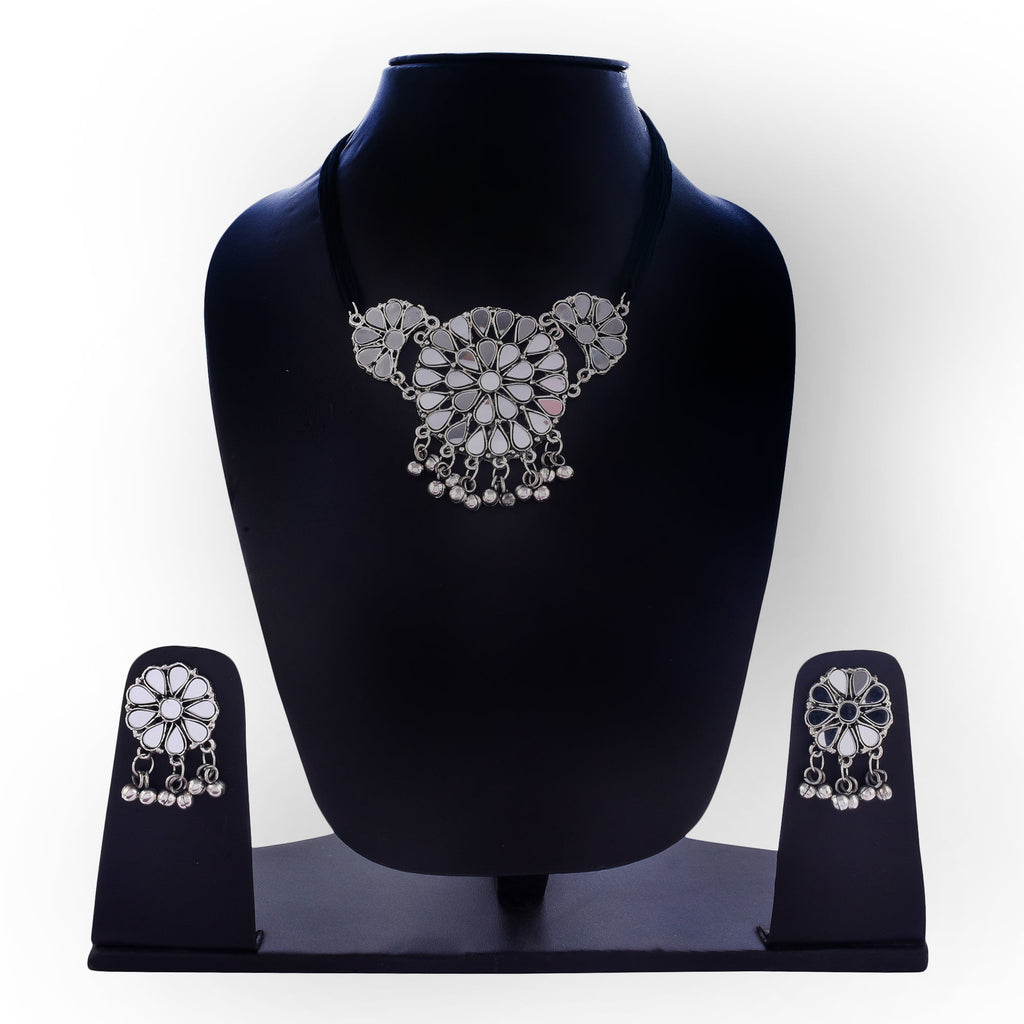 Silver-Plated Alloy Glass Studded Tribal Oxidised Choker Necklace - The Pari | Grocsy