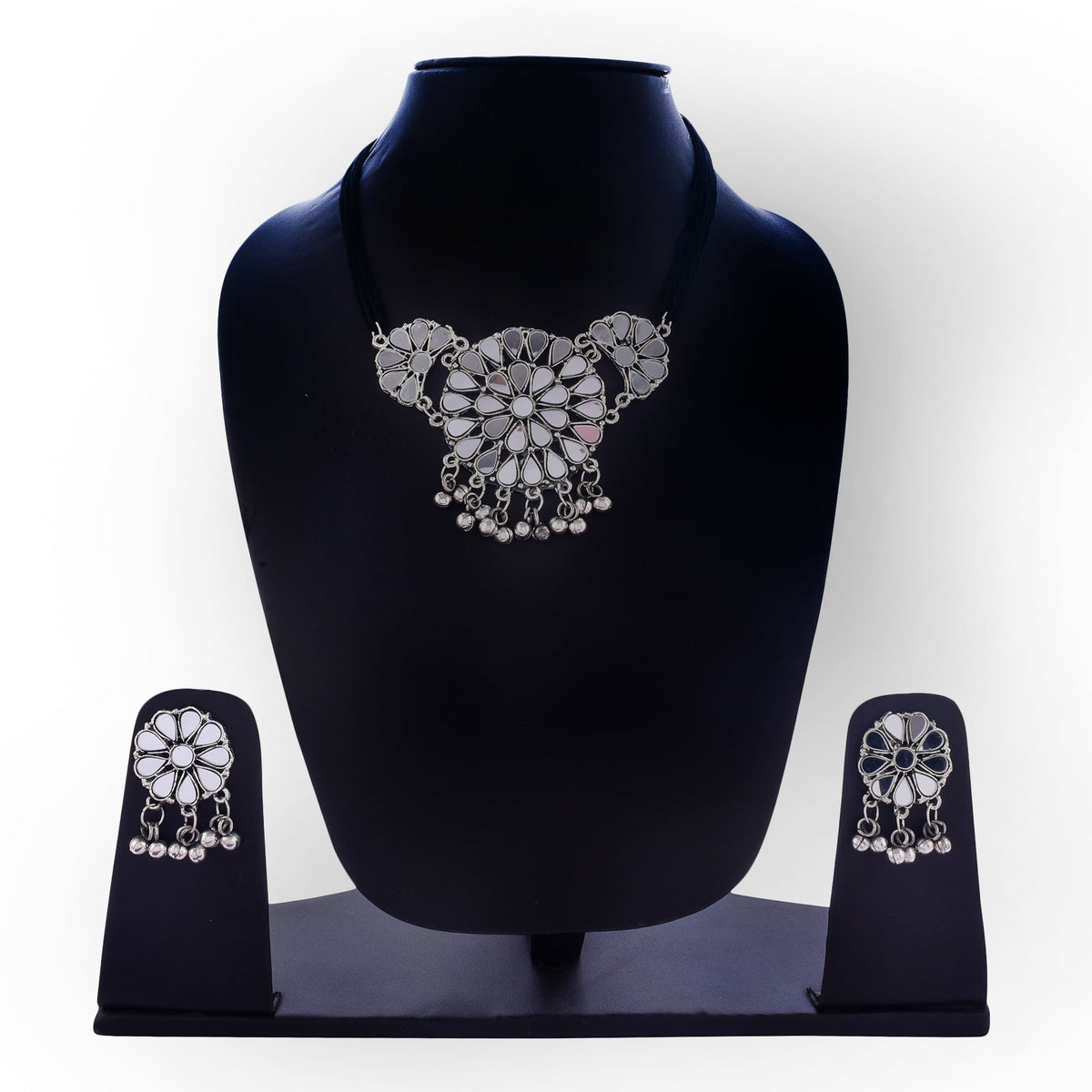 Silver-Plated Alloy Glass Studded Tribal Oxidised Choker Necklace - The Pari | Grocsy