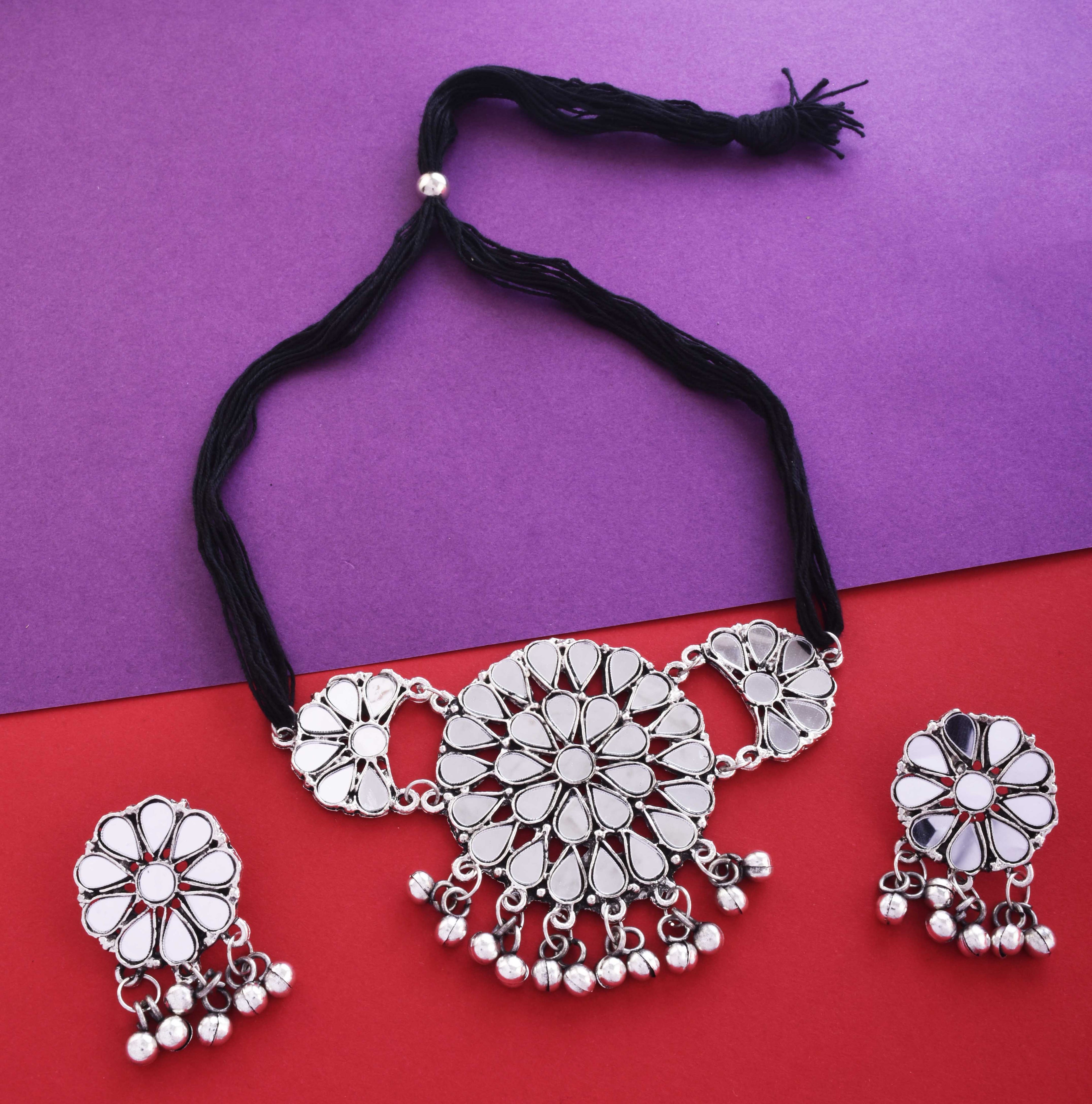 Silver-Plated Alloy Glass Studded Tribal Oxidised Choker Necklace - The Pari | Grocsy