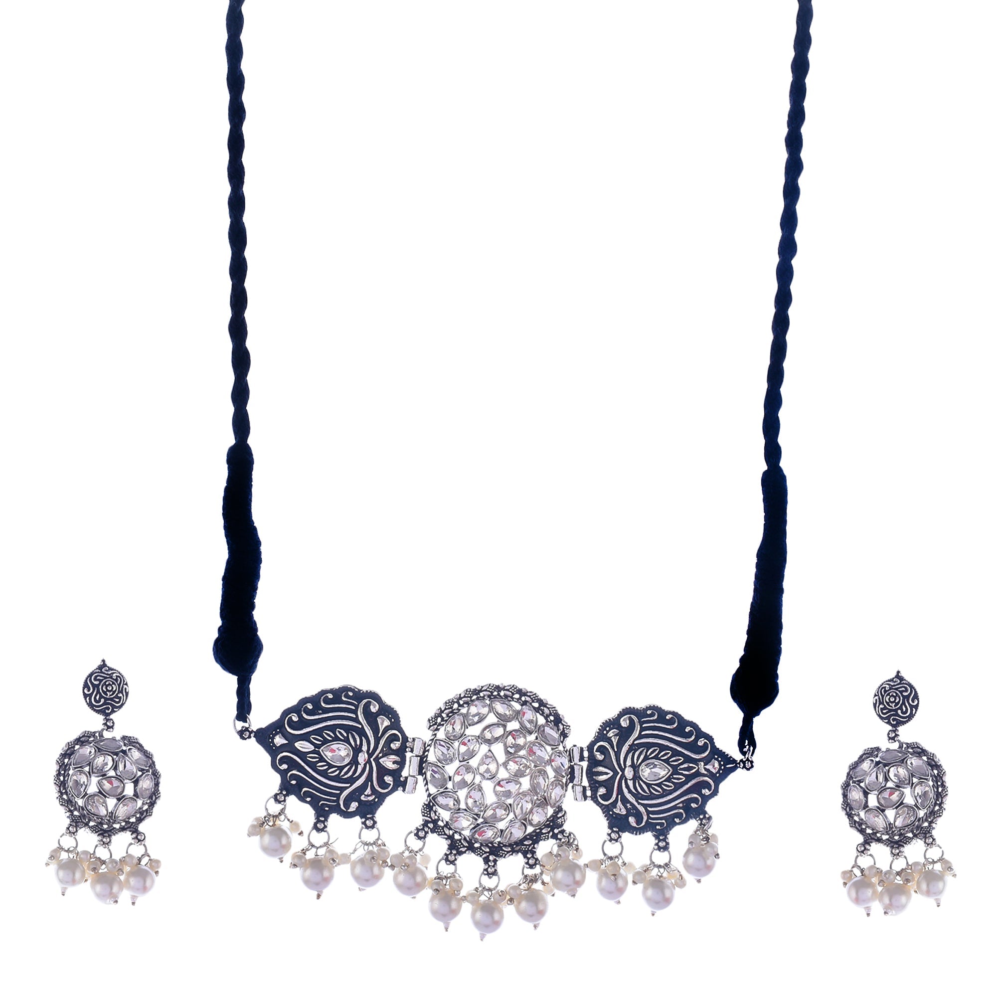Silver-Plated Alloy Rhinestones Studded Tribal Oxidised Choker Necklace - The Pari | Grocsy