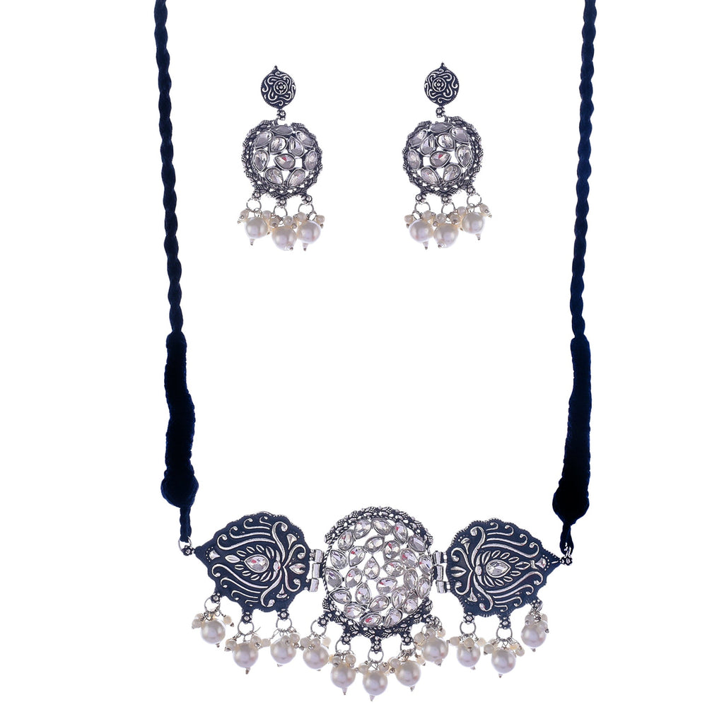 Silver-Plated Alloy Rhinestones Studded Tribal Oxidised Choker Necklace - The Pari | Grocsy