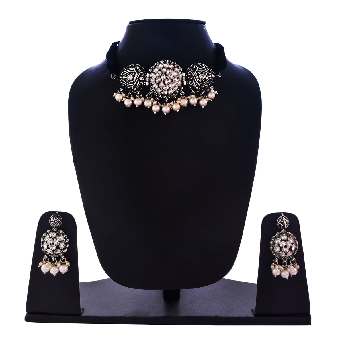 Silver-Plated Alloy Rhinestones Studded Tribal Oxidised Choker Necklace - The Pari | Grocsy