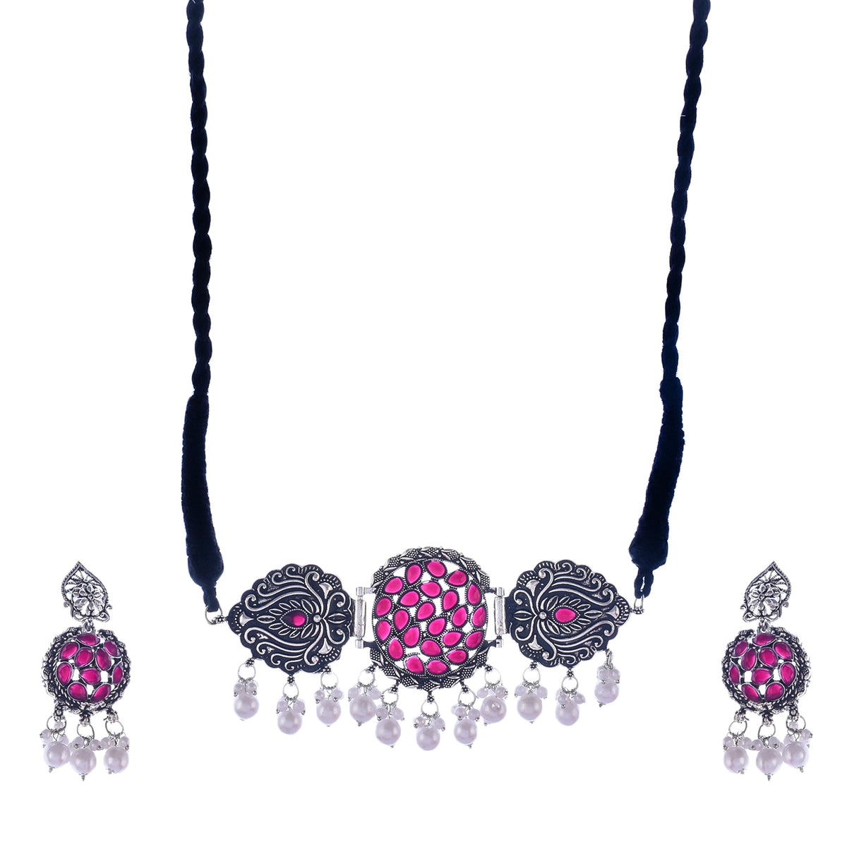 Silver-Plated Alloy Designer Oxidised Choker Necklace - The Pari | Grocsy