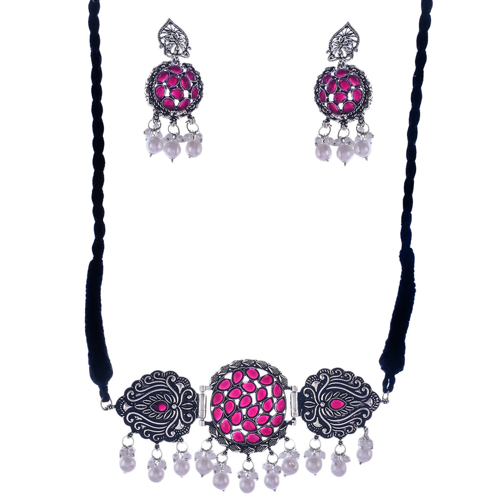 Silver-Plated Alloy Designer Oxidised Choker Necklace - The Pari | Grocsy