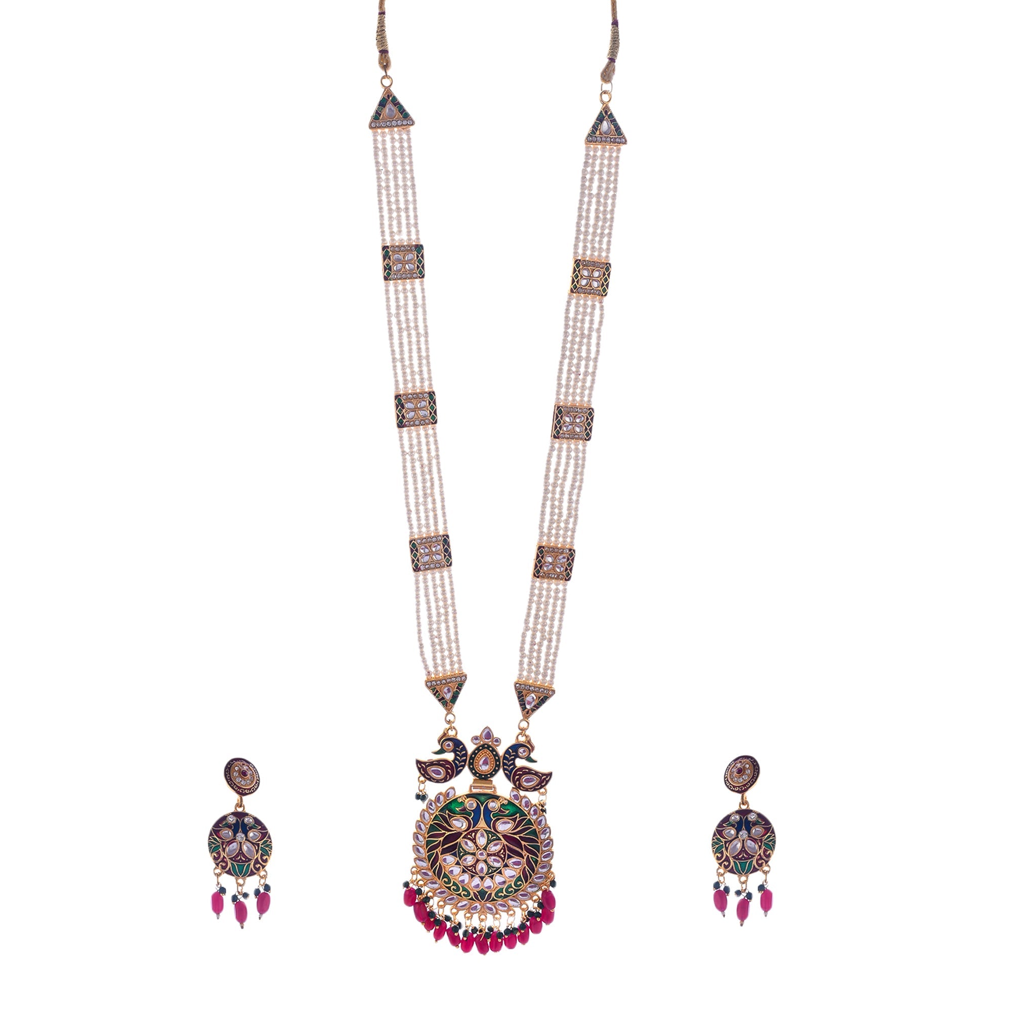 Gold-Polished Alloy Long Pearl Rani Haar Necklace With Thewa Pendant - The Pari | Grocsy