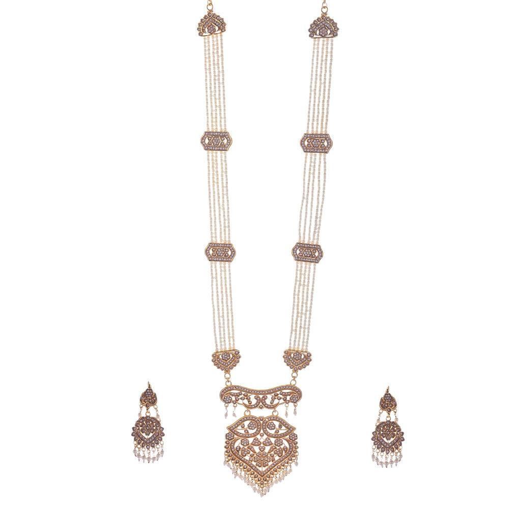 Gold-Polished Alloy Polki Work Long Pearl Rani Haar Necklace - The Pari | Grocsy