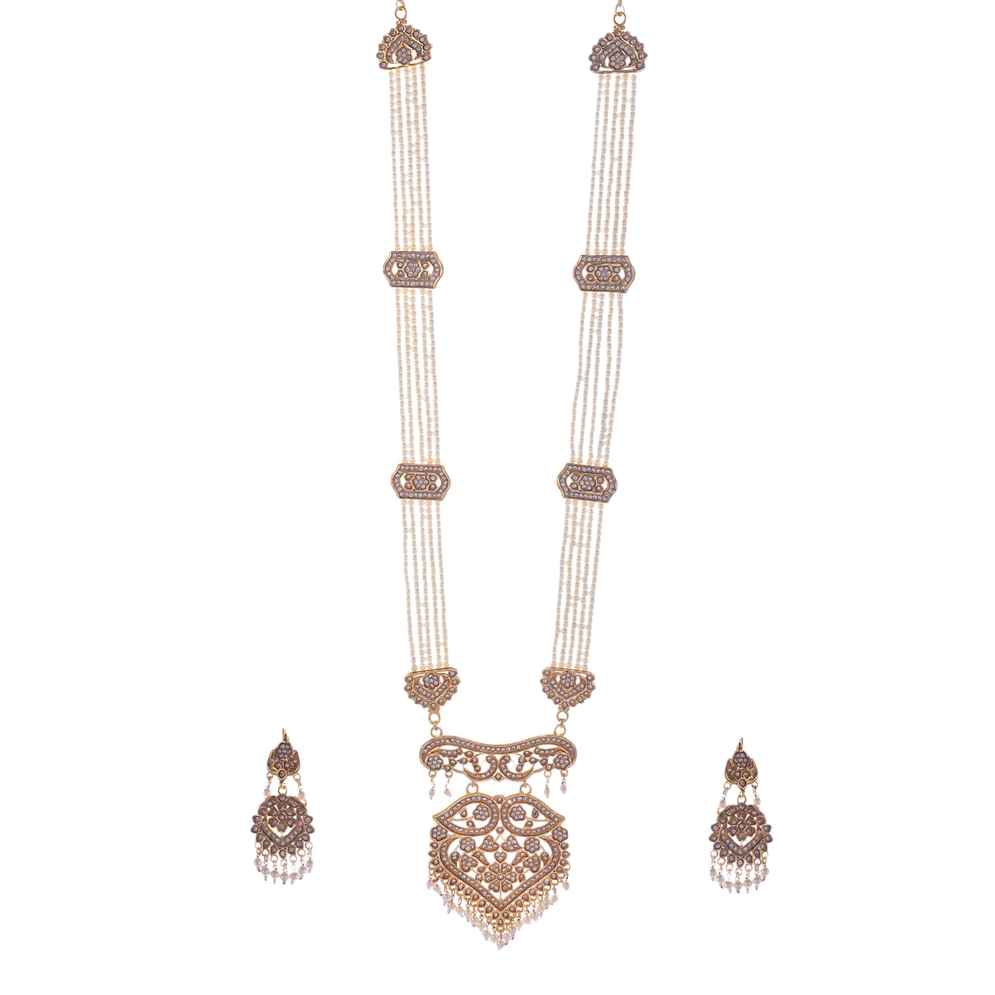 Gold-Polished Alloy Polki Work Long Pearl Rani Haar Necklace - The Pari | Grocsy