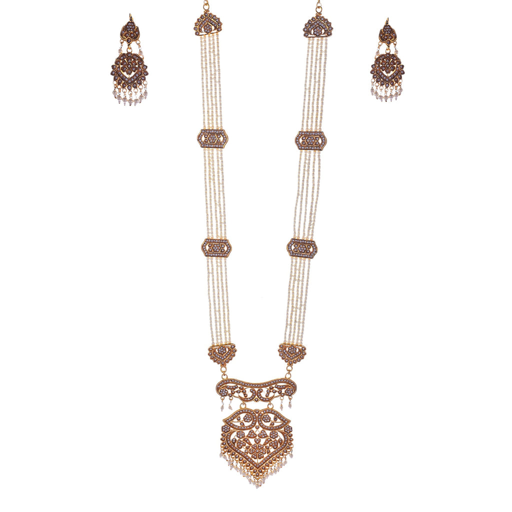 Gold-Polished Alloy Polki Work Long Pearl Rani Haar Necklace - The Pari | Grocsy
