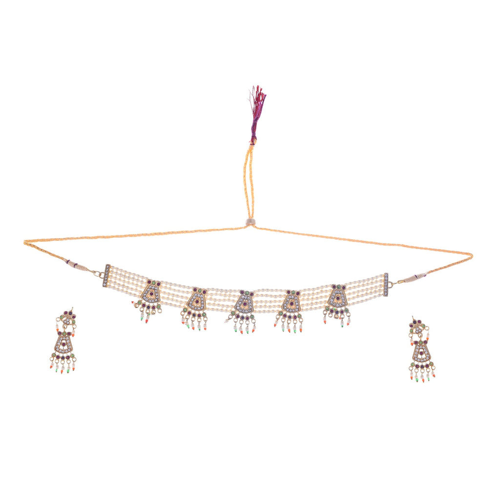 Gold-Polished Alloy Five Motif Pearl Choker Necklace - The Pari | Grocsy