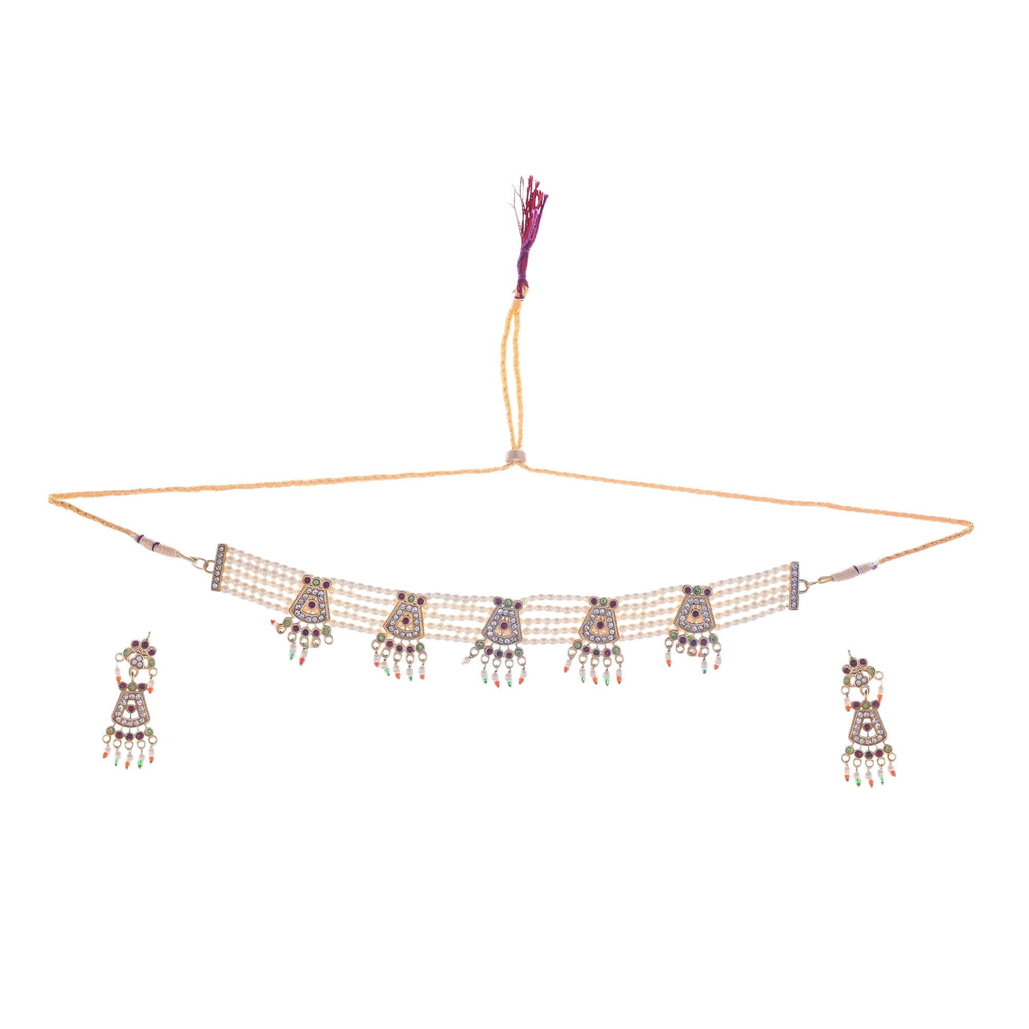 Gold-Polished Alloy Five Motif Pearl Choker Necklace - The Pari | Grocsy