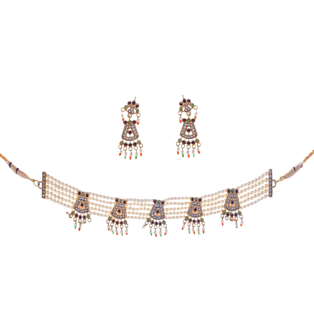 Gold-Polished Alloy Five Motif Pearl Choker Necklace - The Pari | Grocsy