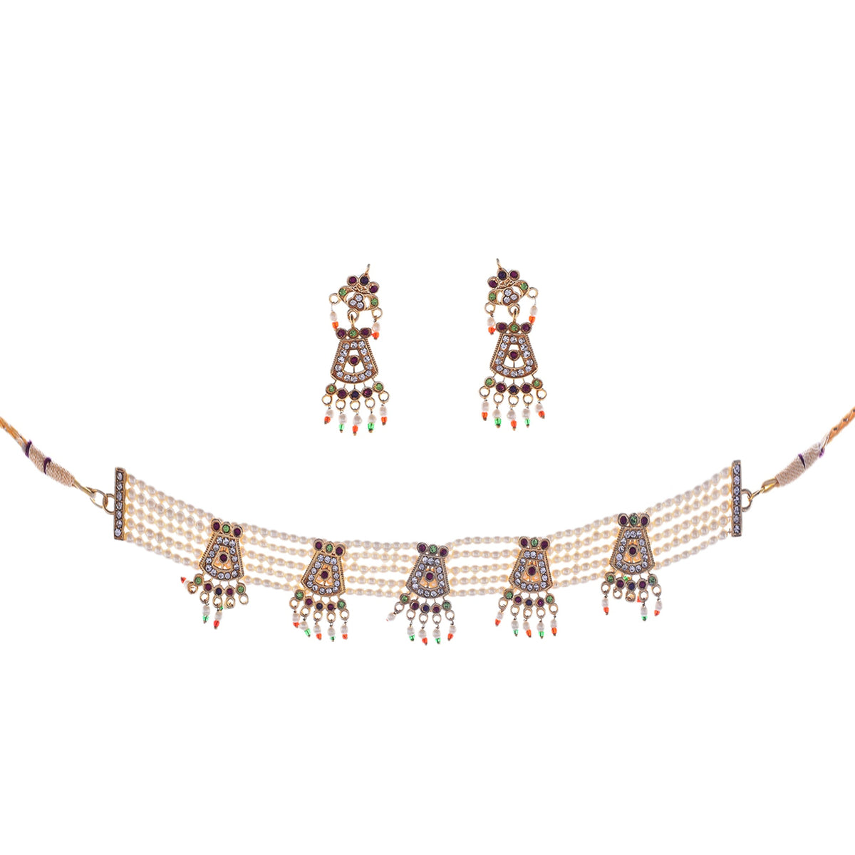 Gold-Polished Alloy Five Motif Pearl Choker Necklace - The Pari | Grocsy
