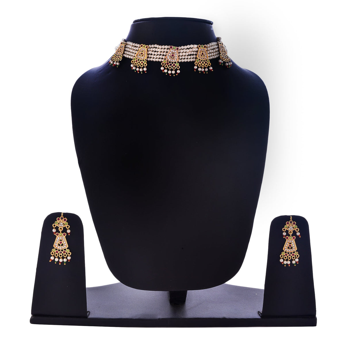 Gold-Polished Alloy Five Motif Pearl Choker Necklace - The Pari | Grocsy