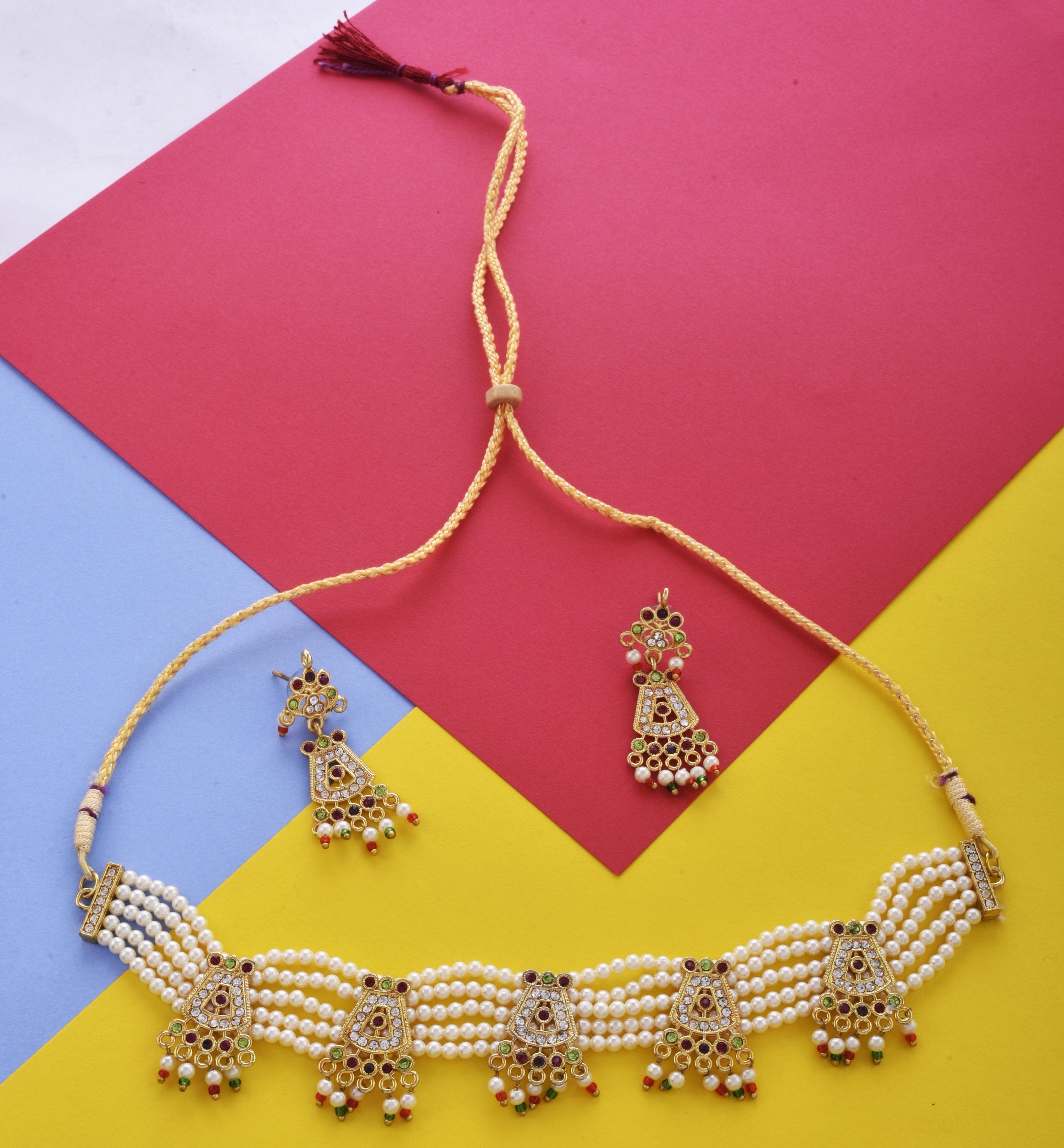 Gold-Polished Alloy Five Motif Pearl Choker Necklace - The Pari | Grocsy