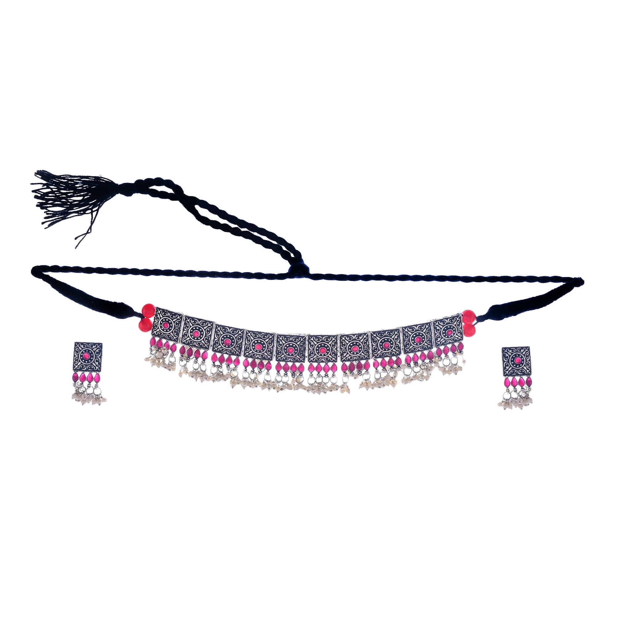 Rhodium-Plated Alloy Classy Ruby Stone Oxidised Choker Necklace - The Pari | Grocsy