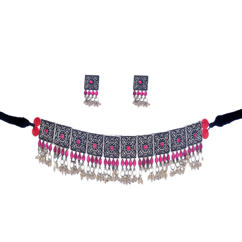 Rhodium-Plated Alloy Classy Ruby Stone Oxidised Choker Necklace - The Pari | Grocsy