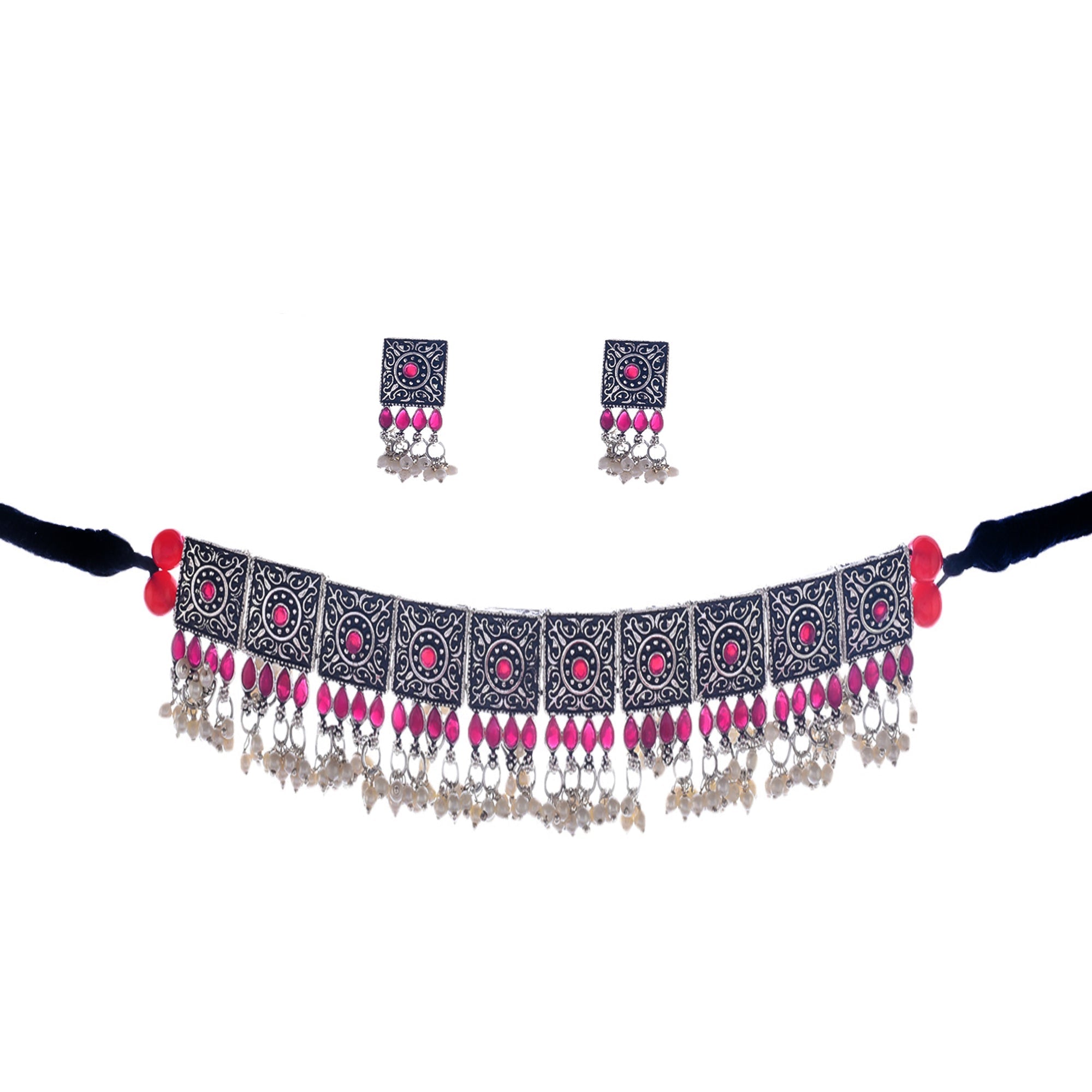 Rhodium-Plated Alloy Classy Ruby Stone Oxidised Choker Necklace - The Pari | Grocsy