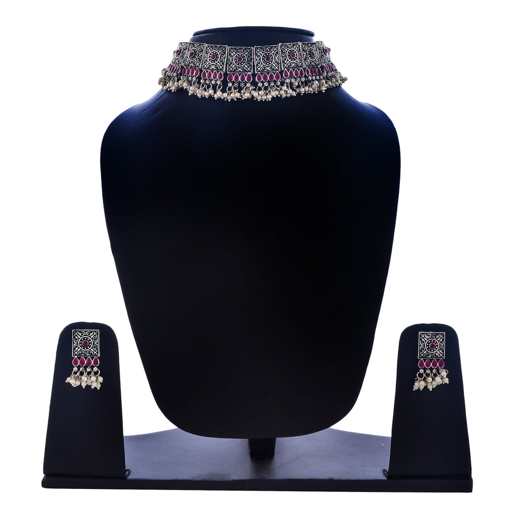 Rhodium-Plated Alloy Classy Ruby Stone Oxidised Choker Necklace - The Pari | Grocsy