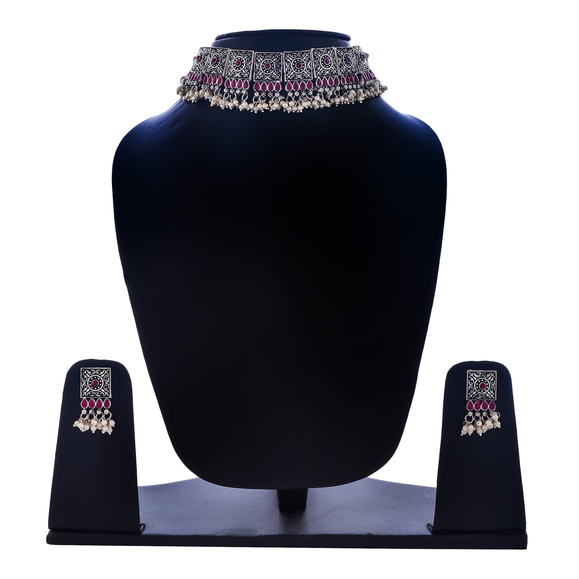 Rhodium-Plated Alloy Classy Ruby Stone Oxidised Choker Necklace - The Pari | Grocsy