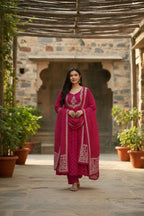 The52 Women's Beautiful Cotton Fabric Embroidery Work Flared Anarkali Pant and Dupatta Set | Grocsy