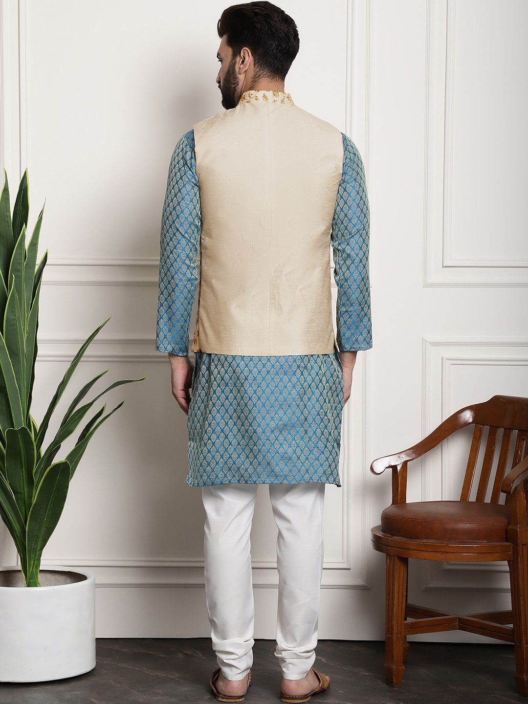 Sojanya Woven Design Mandarin Collar Kurta with Churidar & Nehru Jacket | Grocsy