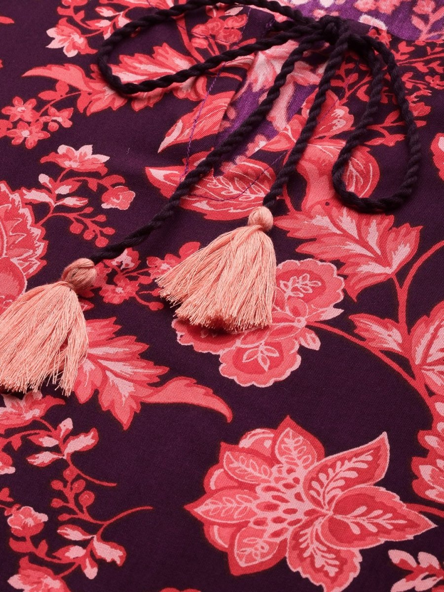 All About You Women Purple & Red Floral Printed Regular Kurta with Trousers | Grocsy